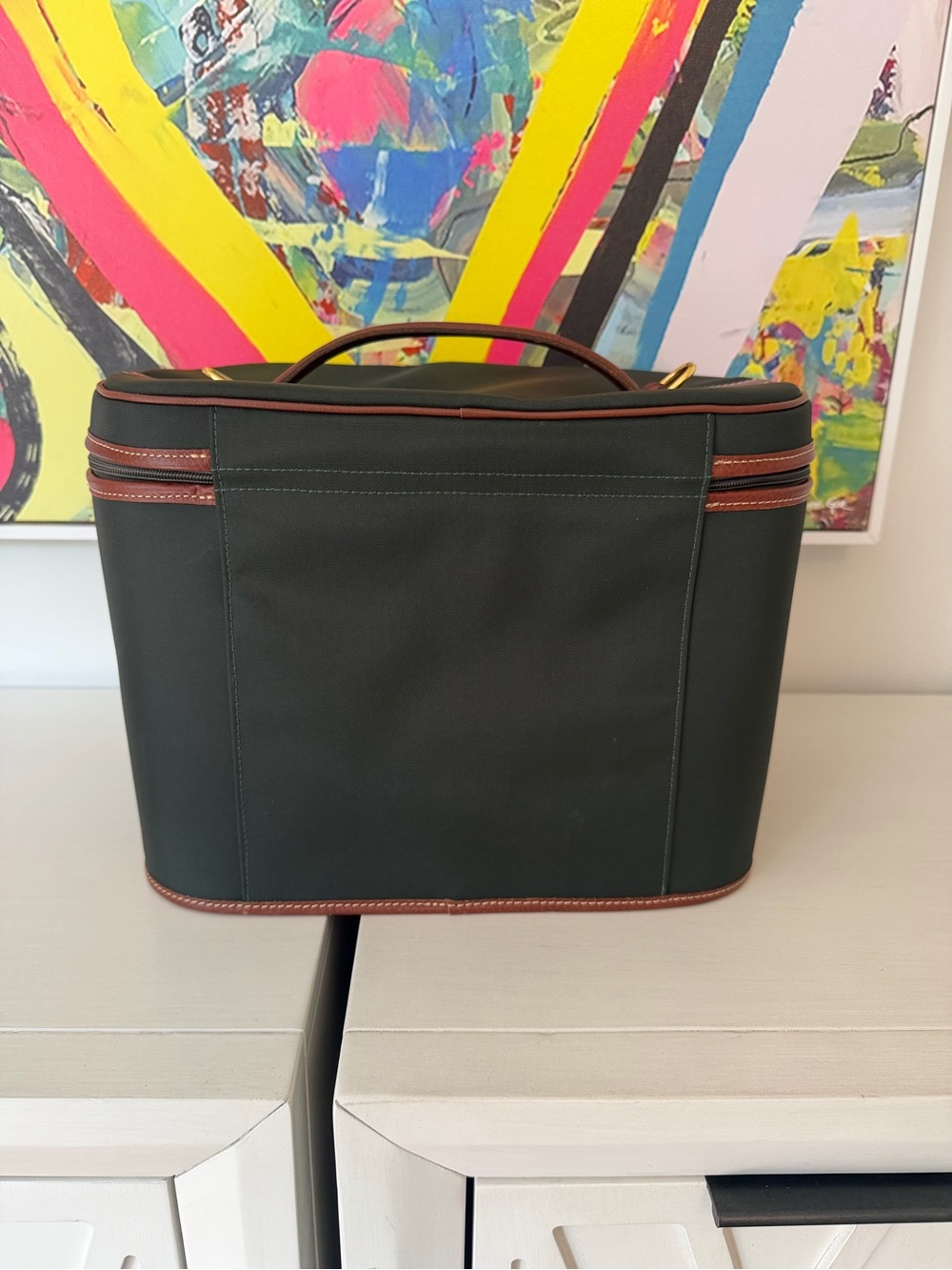 Longchamp Dark Green Travel Vanity Case Zip-Around Lined, Strap Pouch - Picture 4 of 15
